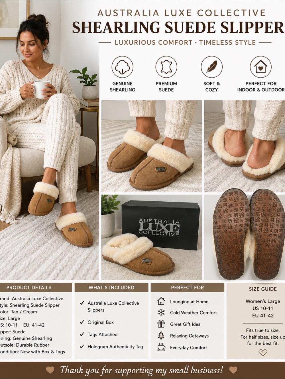 Australia Luxe Collective Shearling Suede Slippers Tan Women’s L 10-11 NIB